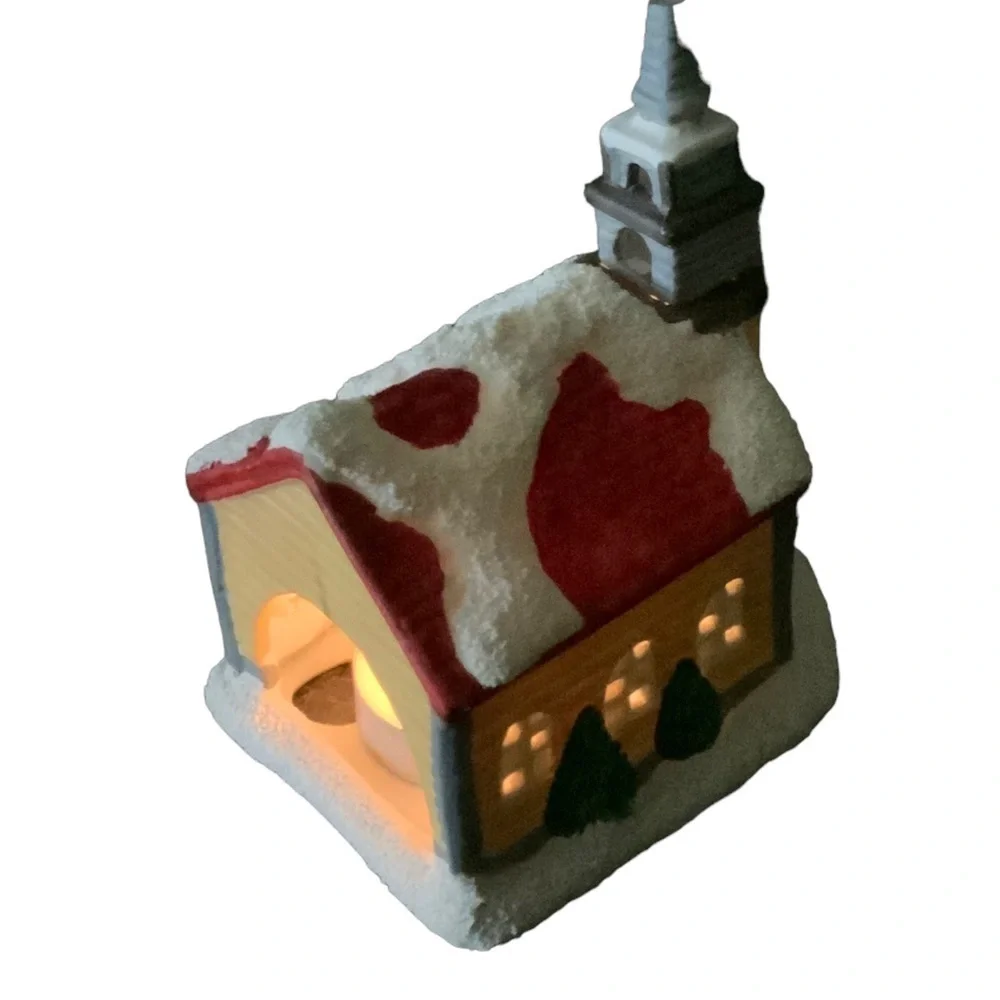 Vintage Village Church Candle Holder Tea Light Porcelain Pierced Cut Outs 3 in